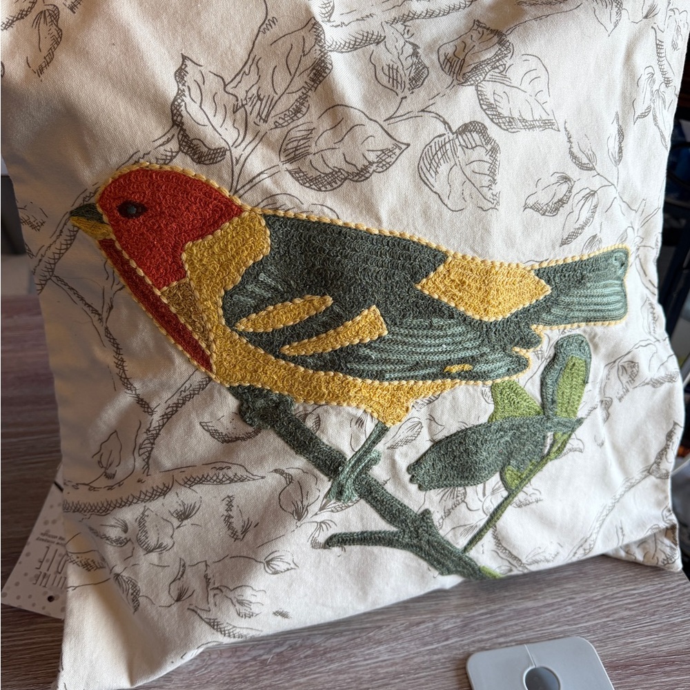 PB Embroidered Yellow & Green Bird pillow cover